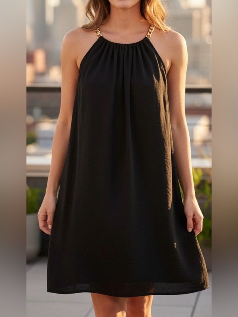 Michael Kors Black Halter Cocktail Dress with Gold Chain Link Straps Size S